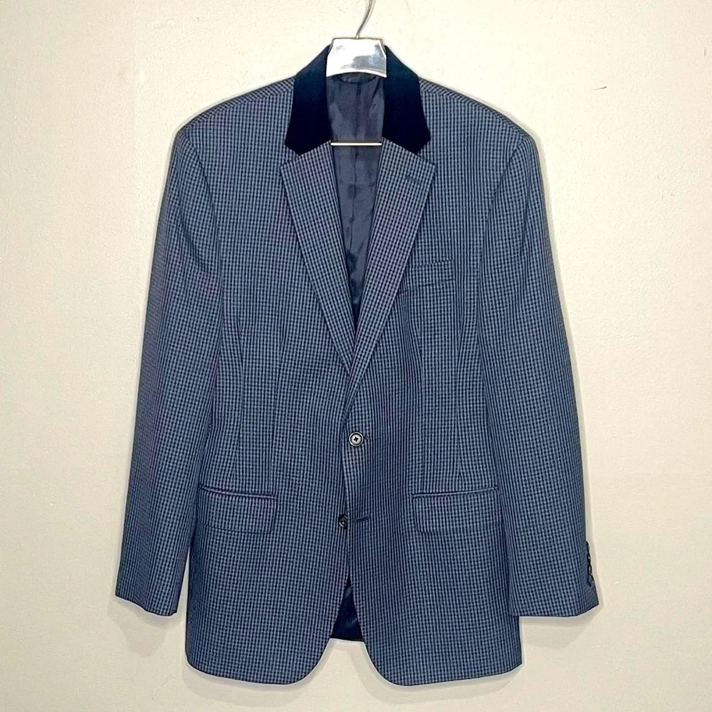 Lauren Ralph lauren Gray Blue Plaid Sports Coat 40R Blue Velvet Collar 2 Button